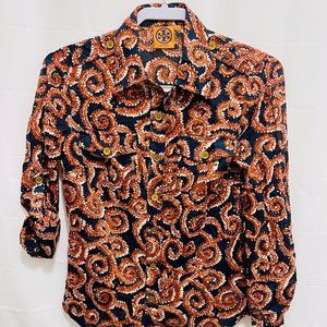 Tory Burch Women’s Button Front Blouse, Size 4, Red/Blue geometric design